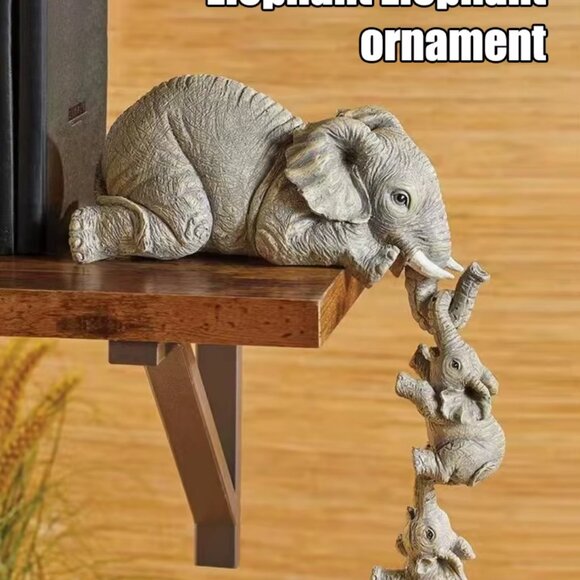 Elephant Sitter Hand-Painted Figurines,Full Size Mother and Two Babies Hanging - Picture 1 of 6